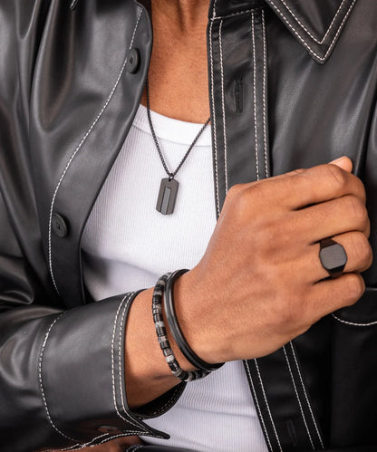 PIG & HEN DOG TAG BLACK AGATE NECKLACE