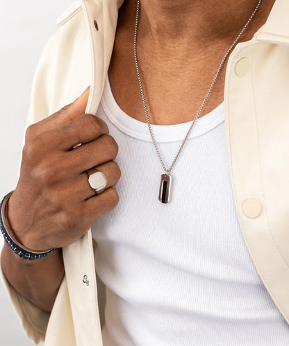PIG & HEN DOG TAG BLACK AGATE NECKLACE