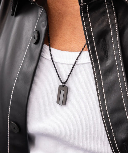 PIG & HEN DOG TAG BLACK AGATE NECKLACE