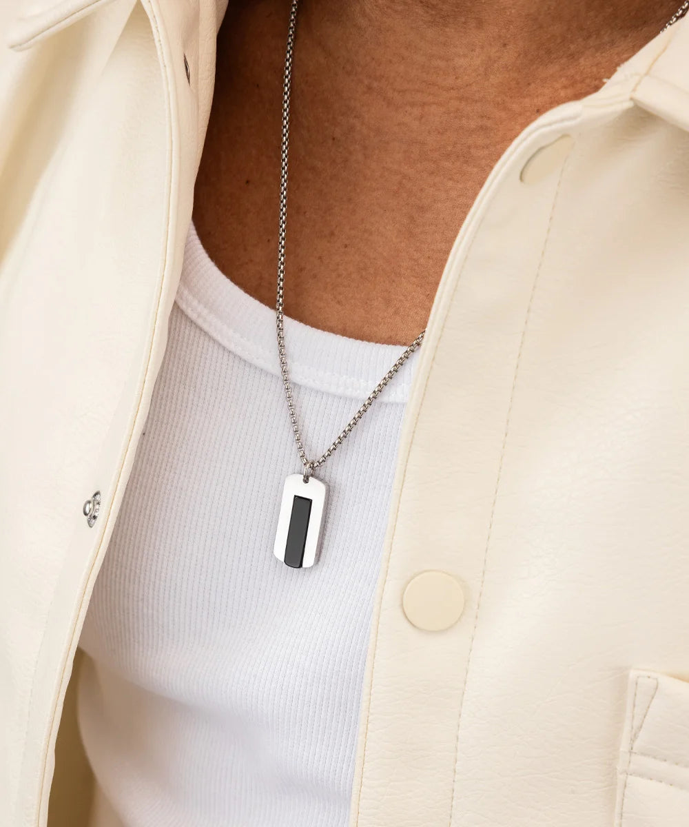 PIG & HEN DOG TAG BLACK AGATE NECKLACE