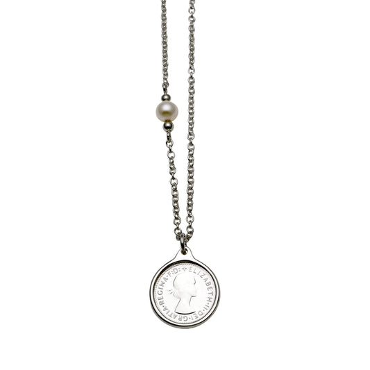 VT THREEPENCE COIN & PEARL NECKLACE
